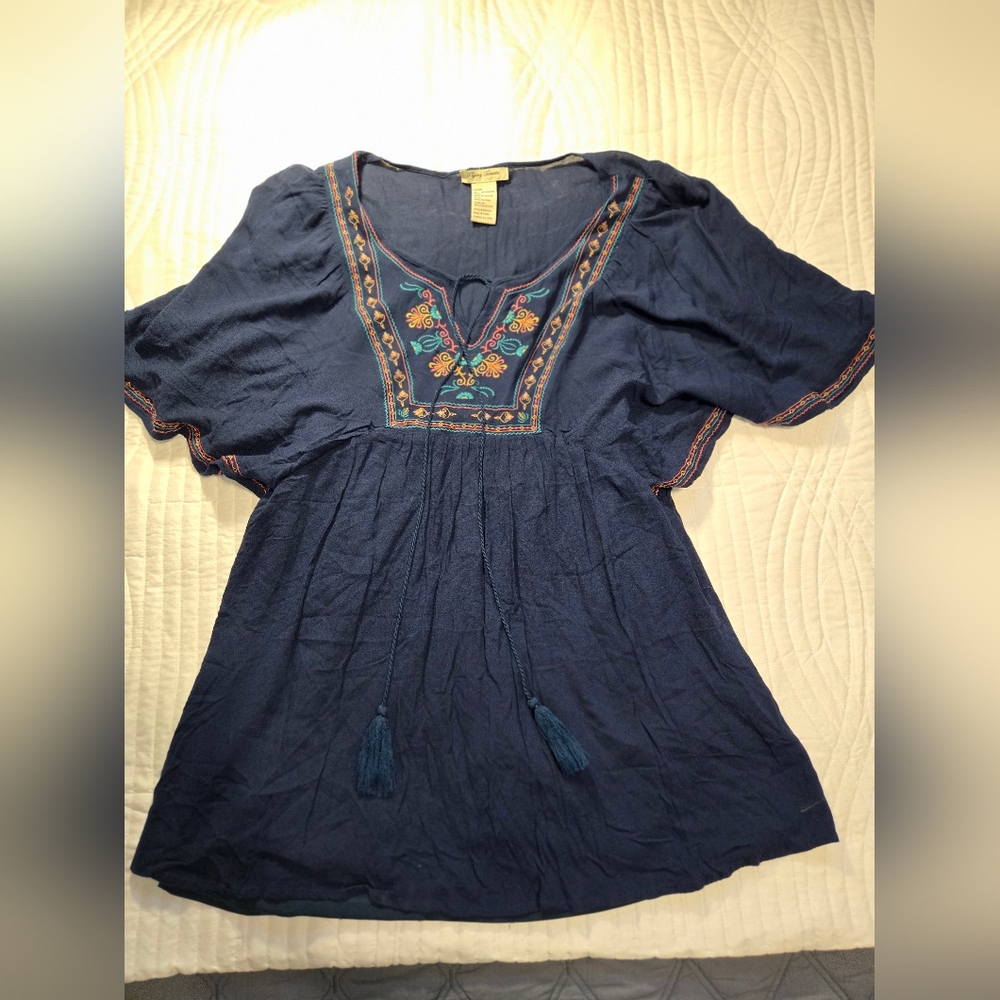 Flying Tomato Blouse Boho. Peasant Style.  Blue With Embroidery  Women's Size M